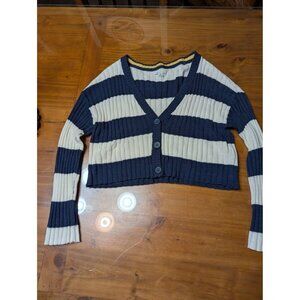 American Eagle Women Navy Stripe Cropped Button Cardigan Sweater Small Nautical